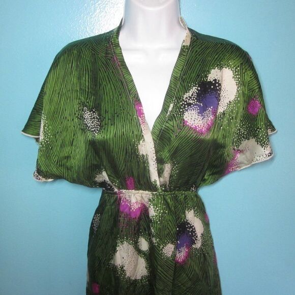 Hale Bob Anthropologie Womens Size S Green Floral Silk Pullover Kimono Dress  - Picture 3 of 13